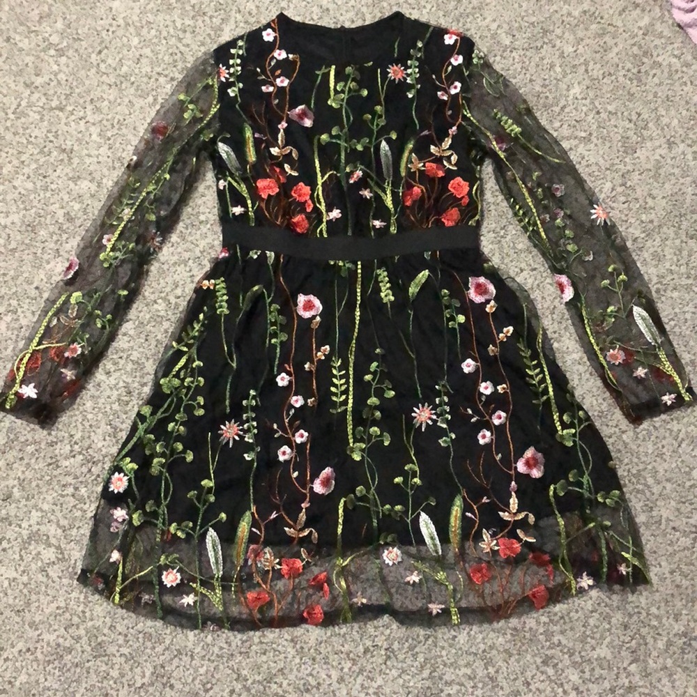 Black Flower-Embroidered Dress